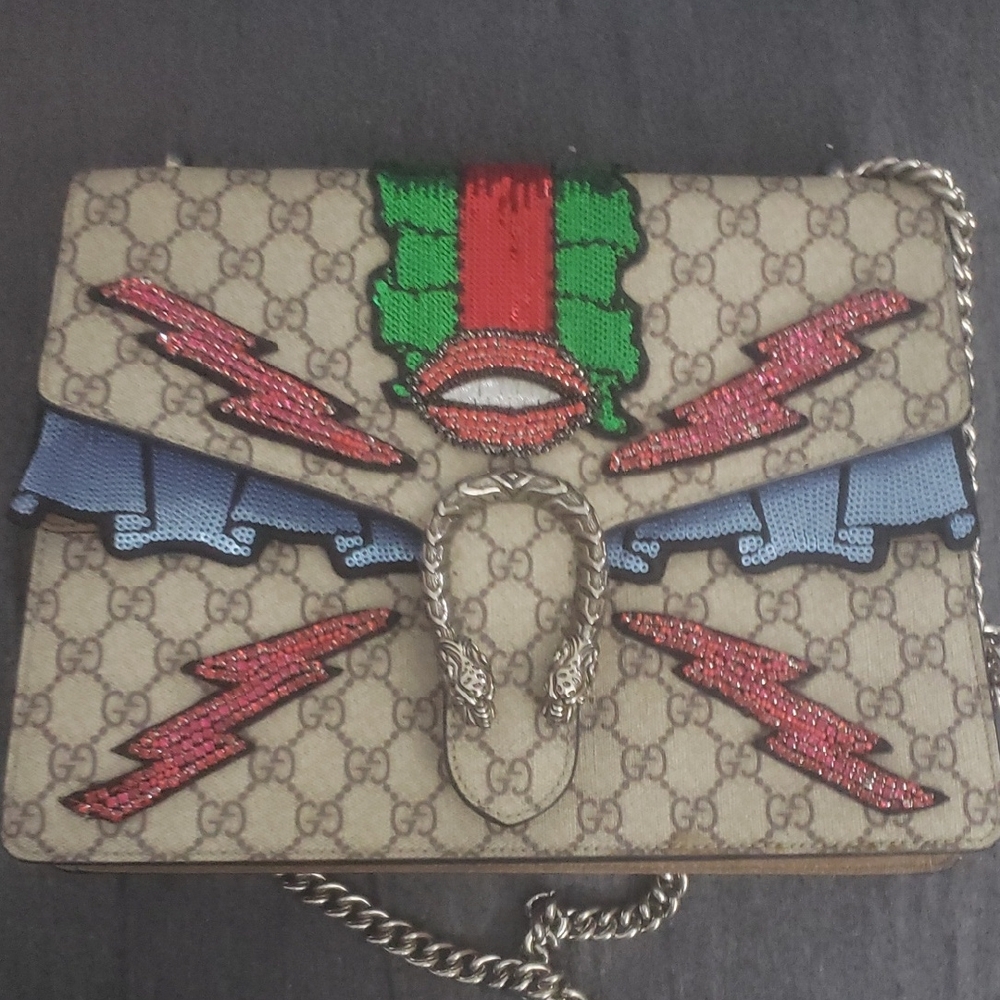 Beige Bag with Red, Green, and Blue Details